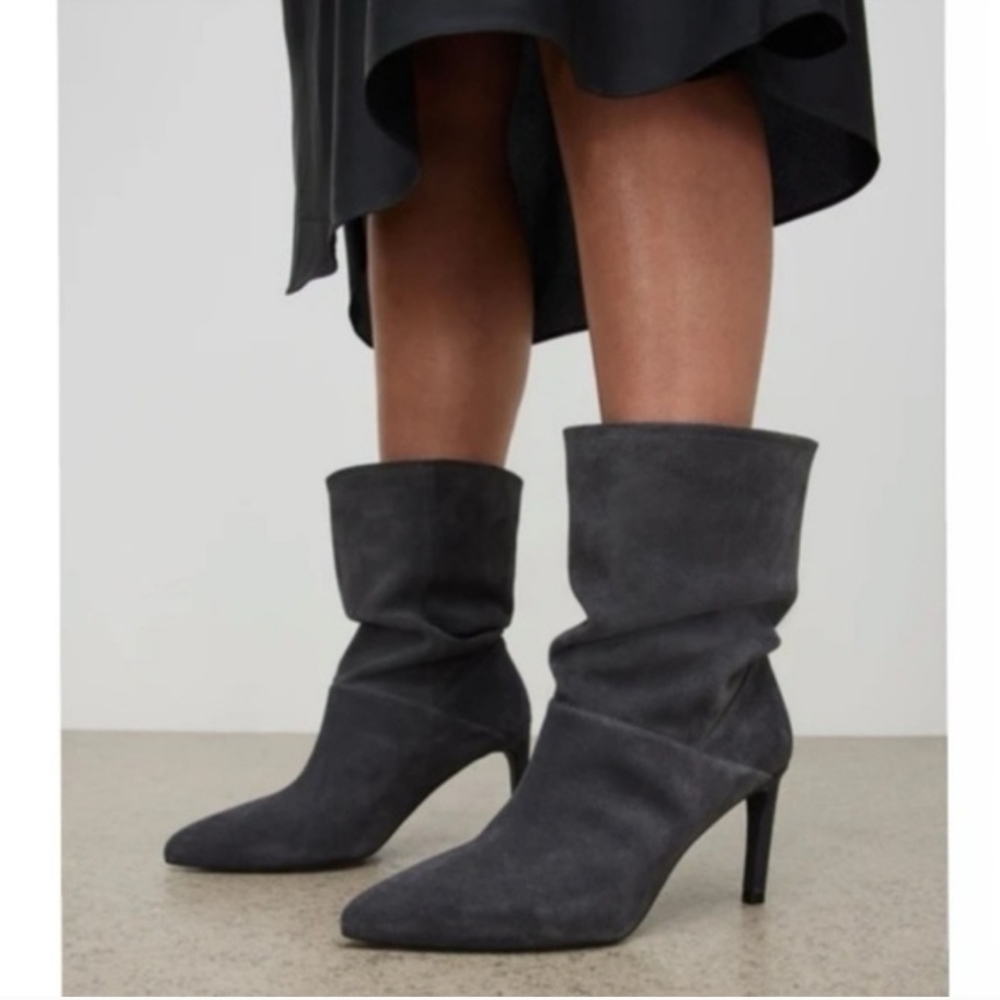All Saints Dark Gray Orlana Suede Heeled Boots NIB Size 9